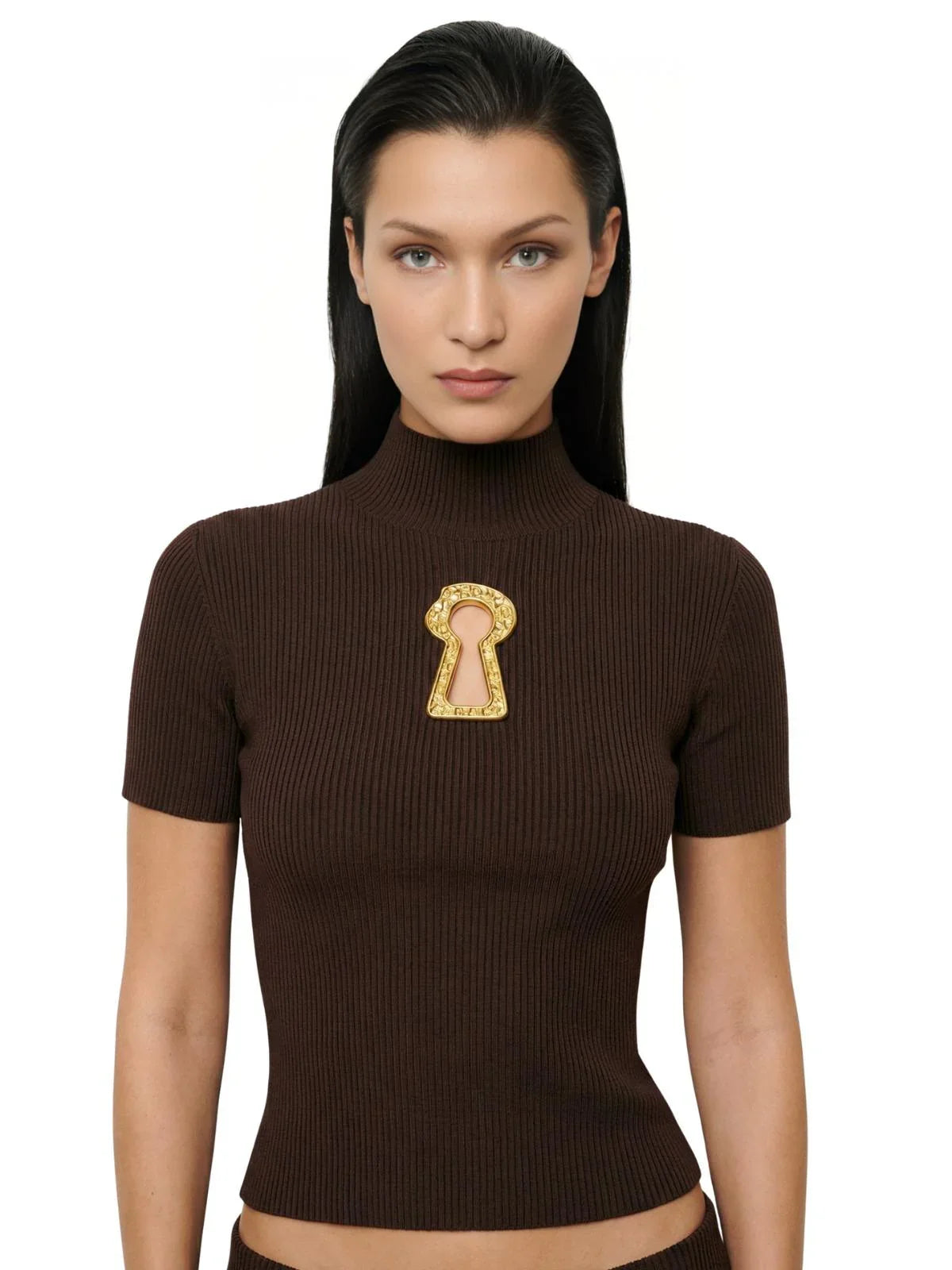 Women's Ribbed Keyhole Top Turtleneck Short Sleeve Minimalist Slimming T-Shirt Female