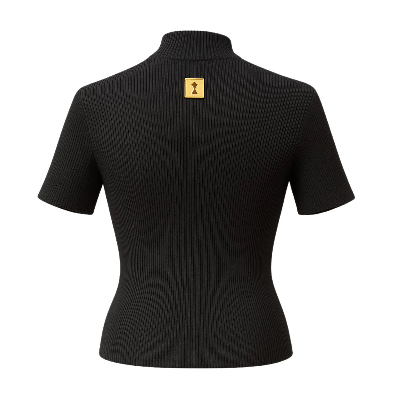 Black ribbed short-sleeve top with a gold keyhole on the back against a white background