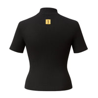 Thumbnail for Black ribbed short-sleeve top with a gold keyhole on the back against a white background