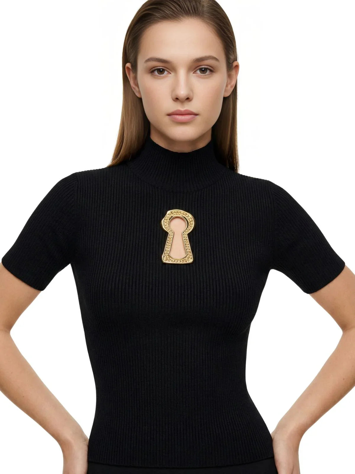 Women's Ribbed Keyhole Top Turtleneck Short Sleeve Minimalist Slimming T-Shirt Female