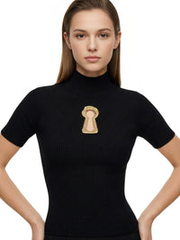 Thumbnail for Women's Ribbed Keyhole Top Turtleneck Short Sleeve Minimalist Slimming T-Shirt Female