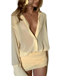 Thumbnail for Women's Sheer Mini Dress Ruched Single-Breasted Full Sleeve Bandage Mini Bodycon Dress Trendy Streetwear, Drestiny, Mini Dresses, Long Sleeves, S, M, L, 4, 6 8, 10, Yellow, United States, USA, Australia, New Zealand, United Kingdom, UK, sheer mini dress, see through mini dress, sexy sheer mini dress, sheer bodycon mini dress, sheer party dress mini, sheer club dress mini, shopdrestiny.com