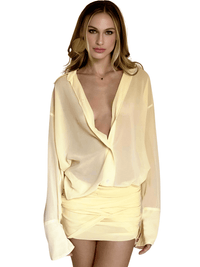 Thumbnail for Women's Sheer Mini Dress Ruched Single-Breasted Full Sleeve Bandage Mini Bodycon Dress Trendy Streetwear, Drestiny, Mini Dresses, Long Sleeves, S, M, L, 4, 6 8, 10, Yellow, United States, USA, Australia, New Zealand, United Kingdom, UK, sheer mini dress, see through mini dress, sexy sheer mini dress, sheer bodycon mini dress, sheer party dress mini, sheer club dress mini, shopdrestiny.com