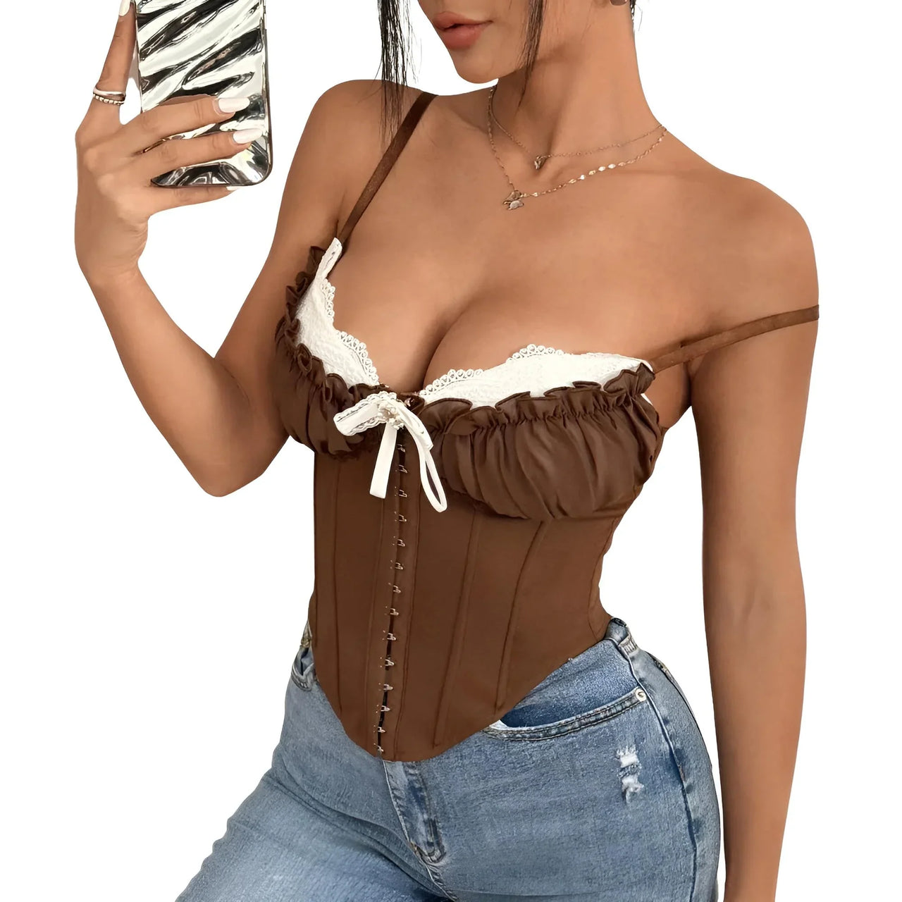 Women's Ruffle Lace-Trim Crop Corset Going Out Camisole Y2K Street Date Night Club Party Tops, Drestiny, Corsets, Crop Tops, Tank Tops, Causal Shirts, Sleeveless, S, M, L, United States, USA, Canada, Australia, New Zealand, United Kingdom, Blue, Pink, UK, Navy, Red, Brown, Grey, Black, Y2K corset top, ruffle lace crop top, sexy going out tops, date night camisole, clubwear tops women, Y2K fashion tops, lace trim corset top, party tops women's, ruffle crop top UK, going out camis UK, shopdrestiny.com 