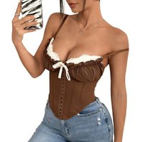 Thumbnail for Women's Ruffle Lace-Trim Crop Corset Going Out Camisole Y2K Street Date Night Club Party Tops, Drestiny, Corsets, Crop Tops, Tank Tops, Causal Shirts, Sleeveless, S, M, L, United States, USA, Canada, Australia, New Zealand, United Kingdom, Blue, Pink, UK, Navy, Red, Brown, Grey, Black, Y2K corset top, ruffle lace crop top, sexy going out tops, date night camisole, clubwear tops women, Y2K fashion tops, lace trim corset top, party tops women's, ruffle crop top UK, going out camis UK, shopdrestiny.com 