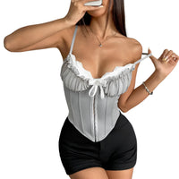 Thumbnail for Women's Ruffle Lace-Trim Crop Corset Going Out Camisole Y2K Street Date Night Club Party Tops, Drestiny, Corsets, Crop Tops, Tank Tops, Causal Shirts, Sleeveless, S, M, L, United States, USA, Canada, Australia, New Zealand, United Kingdom, Blue, Pink, UK, Navy, Red, Brown, Grey, Black, Y2K corset top, ruffle lace crop top, sexy going out tops, date night camisole, clubwear tops women, Y2K fashion tops, lace trim corset top, party tops women's, ruffle crop top UK, going out camis UK, shopdrestiny.com 