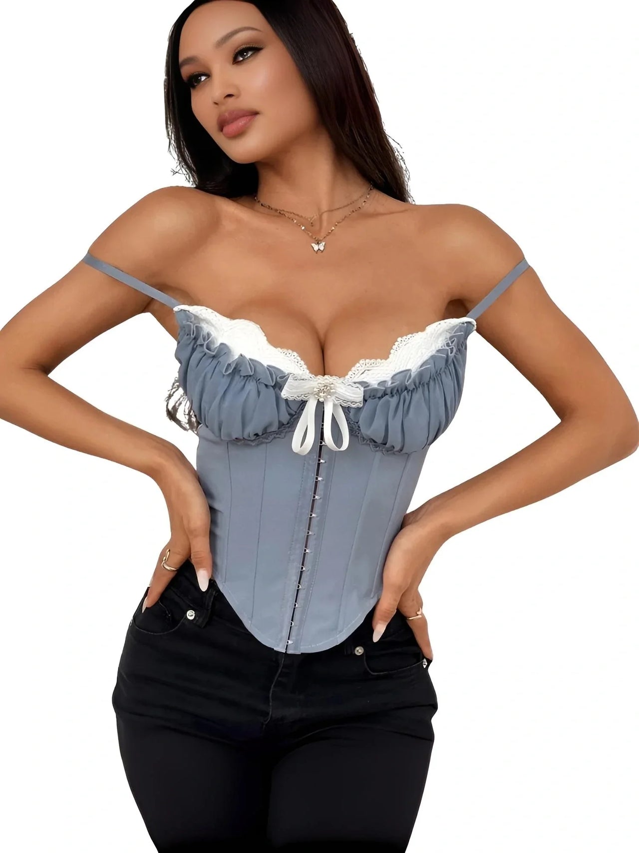Women's Ruffle Lace-Trim Crop Corset Going Out Camisole Y2K Street Date Night Club Party Tops, Drestiny, Corsets, Crop Tops, Tank Tops, Causal Shirts, Sleeveless, S, M, L, United States, USA, Canada, Australia, New Zealand, United Kingdom, Blue, Pink, UK, Navy, Red, Brown, Grey, Black, Y2K corset top, ruffle lace crop top, sexy going out tops, date night camisole, clubwear tops women, Y2K fashion tops, lace trim corset top, party tops women's, ruffle crop top UK, going out camis UK, shopdrestiny.com 