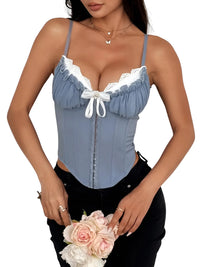 Thumbnail for Woman wearing a blue corset with white lace trim on a white background