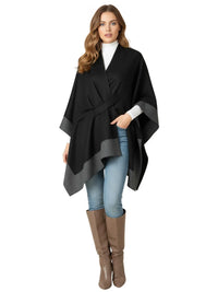 Thumbnail for Woman wearing a black shawl with gray trim on a white background