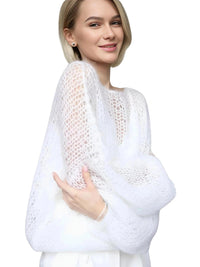 Thumbnail for Women's See Through Sweaters Lady Hollow out Mesh Thin Pullover Sweaters Lantern Sleeve Loose Tops Smock, Drestiny, Women's Sweaters, Pullovers, S, M, L, XL, United States, Canada, Australia, New Zealand, United Kingdom, White, Apricot, Blue, Light Blue, Pink Sweaters, Pink, Black Sweaters, Black, White Sweaters, Dark Green, Long Sleeves, shopdrestiny.com