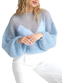 Thumbnail for Women's See Through Sweaters Lady Hollow out Mesh Thin Pullover Sweaters Lantern Sleeve Loose Tops Smock, Drestiny, Women's Sweaters, Pullovers, S, M, L, XL, United States, Canada, Australia, New Zealand, United Kingdom, White, Apricot, Blue, Light Blue, Pink Sweaters, Pink, Black Sweaters, Black, White Sweaters, Dark Green, Long Sleeves, shopdrestiny.com