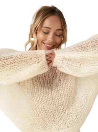 Thumbnail for Women's See Through Sweaters Lady Hollow out Mesh Thin Pullover Sweaters Lantern Sleeve Loose Tops Smock, Drestiny, Women's Sweaters, Pullovers, S, M, L, XL, United States, Canada, Australia, New Zealand, United Kingdom, White, Apricot, Blue, Light Blue, Pink Sweaters, Pink, Black Sweaters, Black, White Sweaters, Dark Green, Long Sleeves, shopdrestiny.com