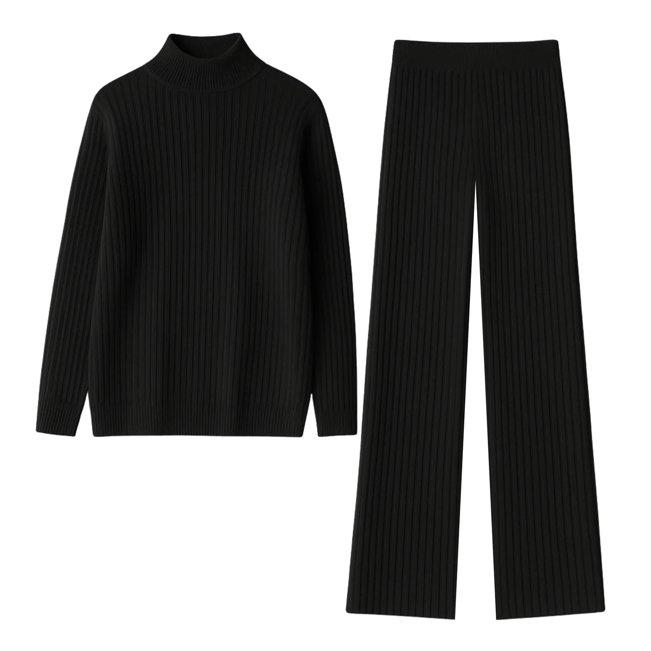 Black ribbed turtleneck sweater and pants on a white background