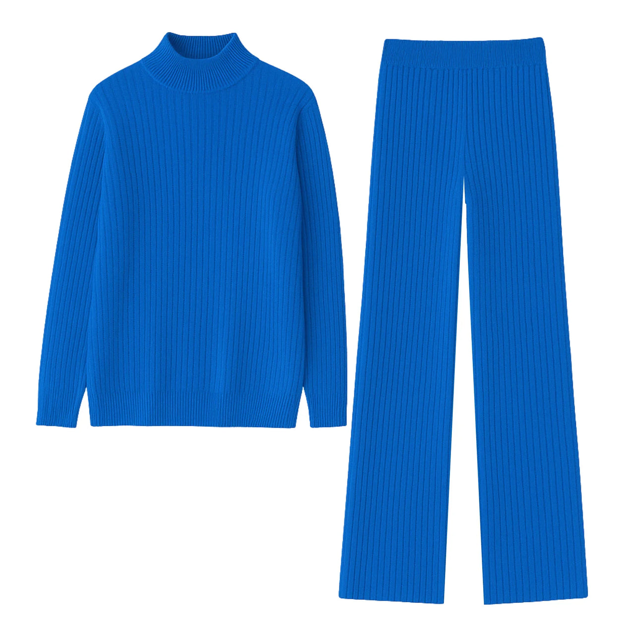 Blue ribbed sweater and pants set on a white background