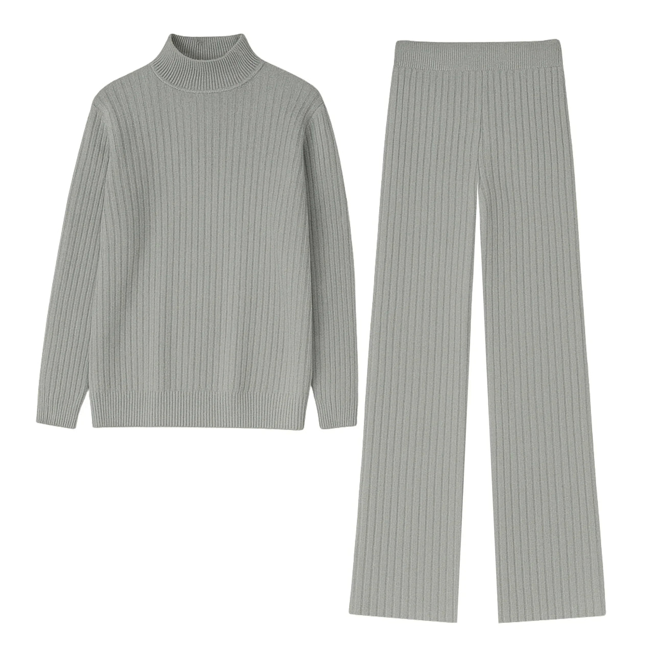 Grey ribbed knit sweater and pants set on a white background