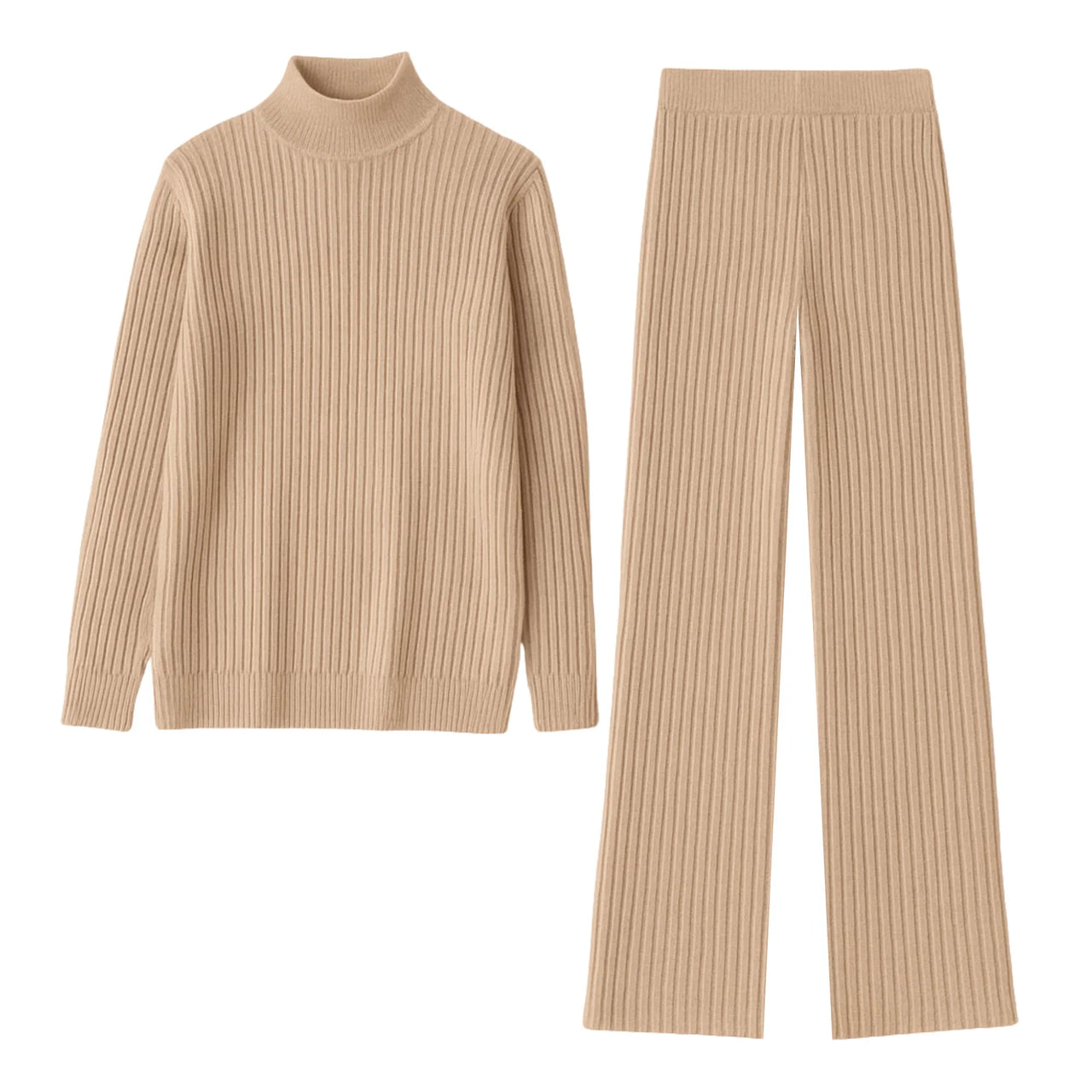 Women's ribbed turtleneck sweater and pants set on a white background