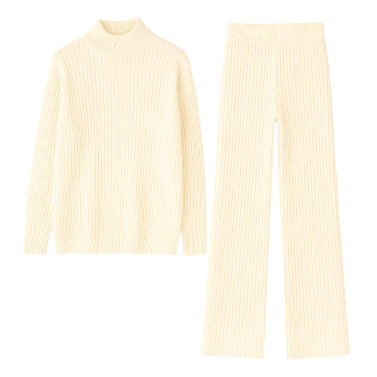 Cream-colored ribbed sweater and pants set on a white background