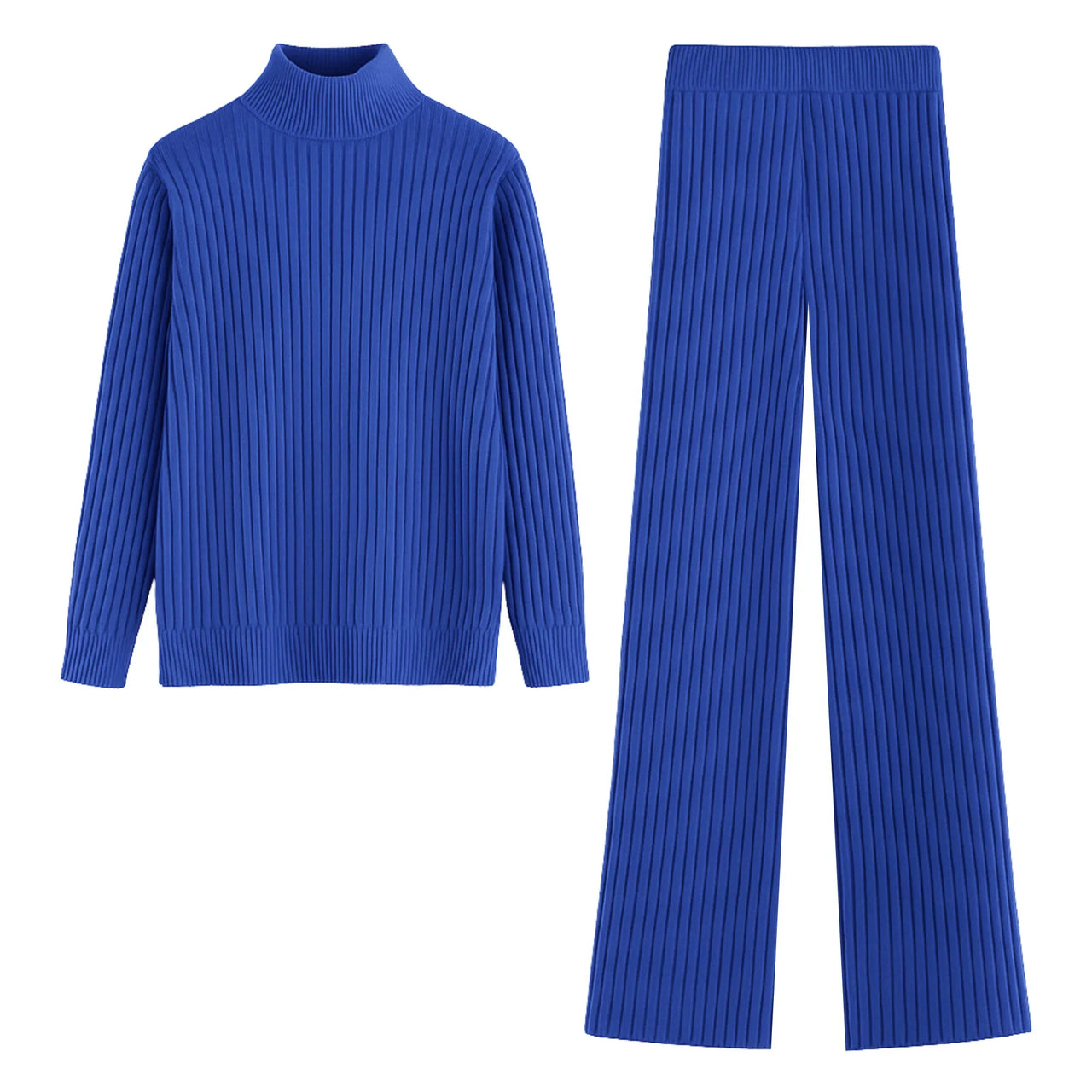 Blue ribbed sweater and pants set on a white background
