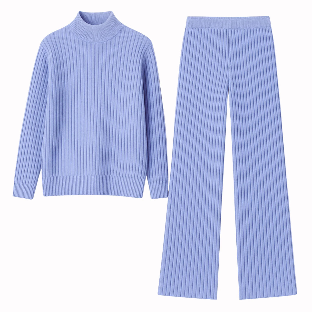 Light purple-blue ribbed sweater and pants set on a white background