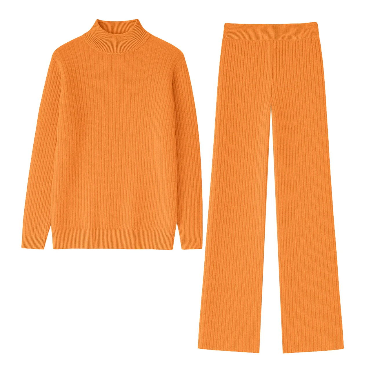 Orange ribbed turtleneck sweater and pants set on a white background