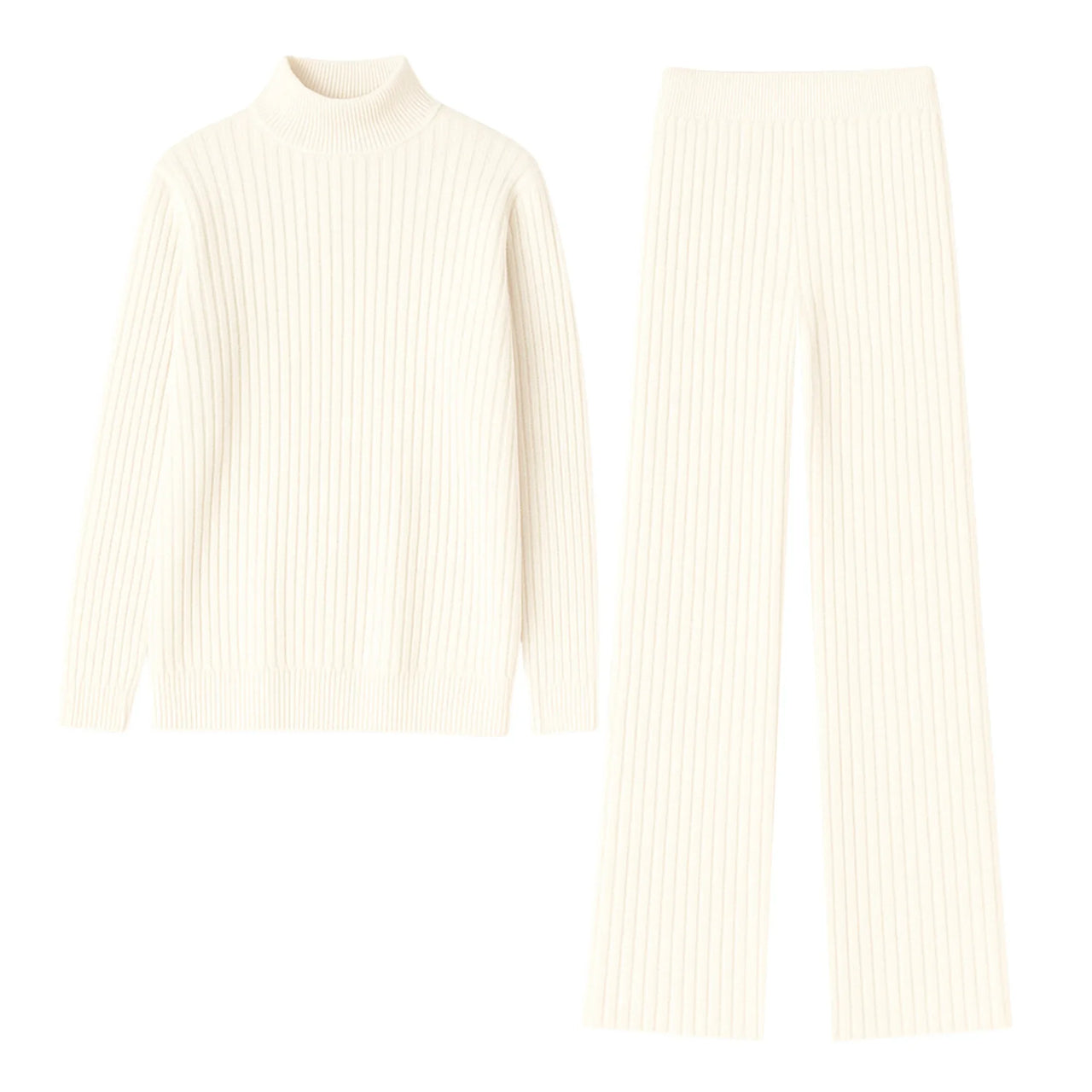 Women's white ribbed sweater and matching pants set on a white background