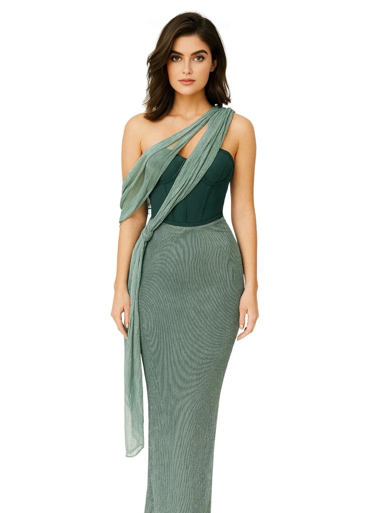 Woman wearing a green evening gown with a draped effect on a white background