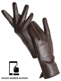 Thumbnail for Dark brown leather gloves with touch screen functionality on a white background