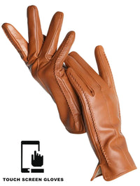 Thumbnail for Brown leather gloves with touch screen functionality on a white background