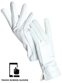Thumbnail for White leather gloves on a white background with a symbol indicating touch screen compatibility.