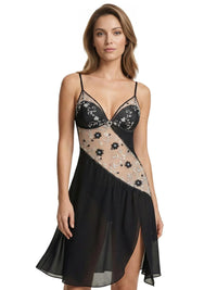 Thumbnail for Woman wearing a sheer black nightgown with floral embroidery lace inlay on a white background