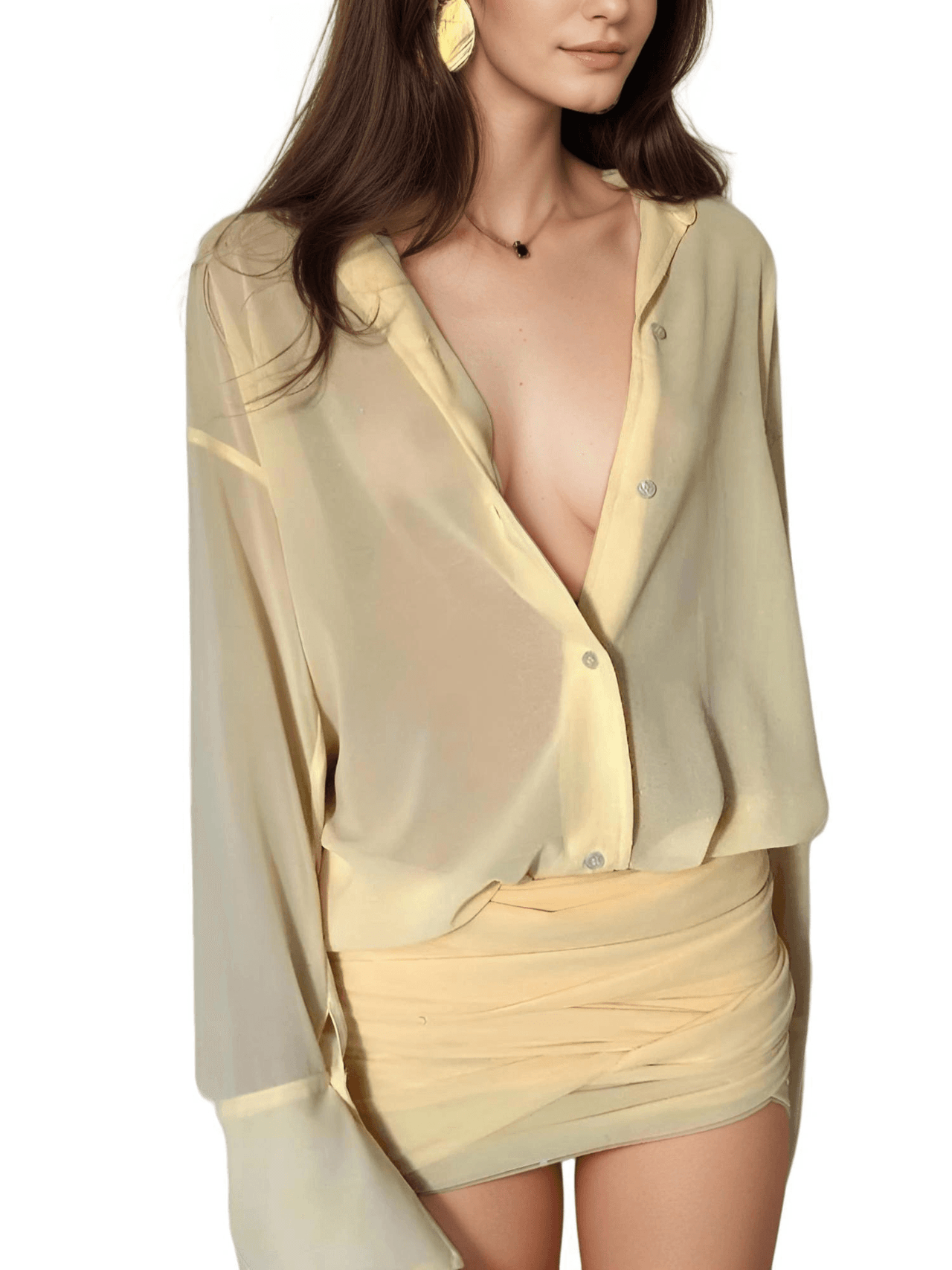 Women's Sheer Mini Dress Ruched Single-Breasted Full Sleeve Bandage Mini Bodycon Dress Trendy Streetwear, Drestiny, Mini Dresses, Long Sleeves, S, M, L, 4, 6 8, 10, Yellow, United States, USA, Australia, New Zealand, United Kingdom, UK, sheer mini dress, see through mini dress, sexy sheer mini dress, sheer bodycon mini dress, sheer party dress mini, sheer club dress mini, shopdrestiny.com