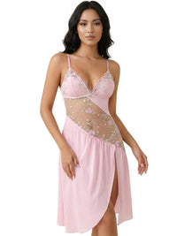 Thumbnail for Woman wearing a short pink nightgown with sheer floral lace inlay on a white background