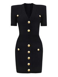 Thumbnail for Black midi dress with gold buttons on a white background