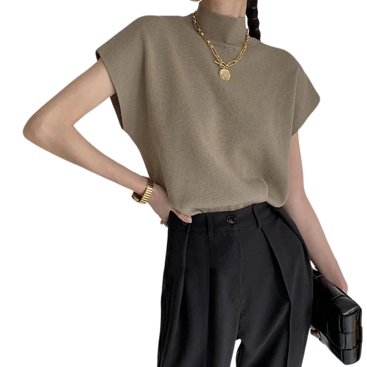 Women's Short-Sleeve Sweater High Collar Office Chic Elegant All-Match Tops