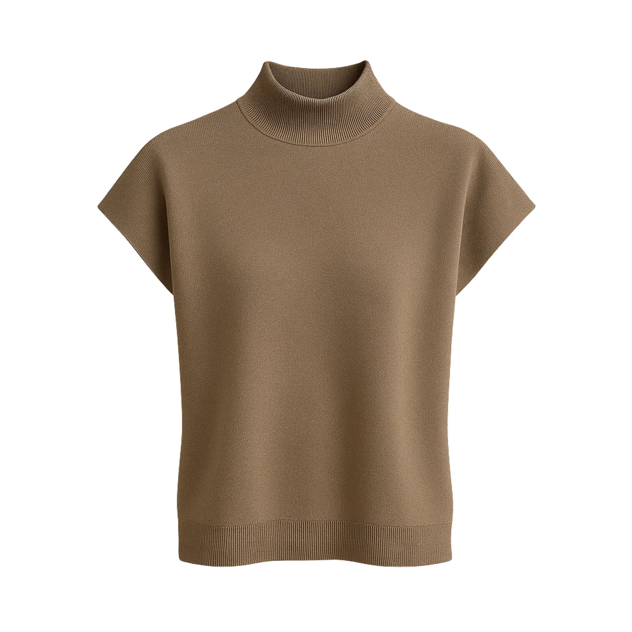 Women's khaki turtleneck sweater on a white background