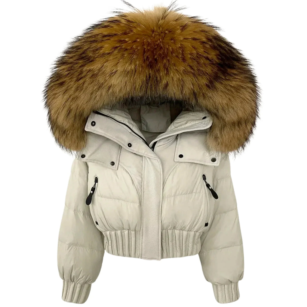 Beige puffer jacket with a large fur hood on a white background