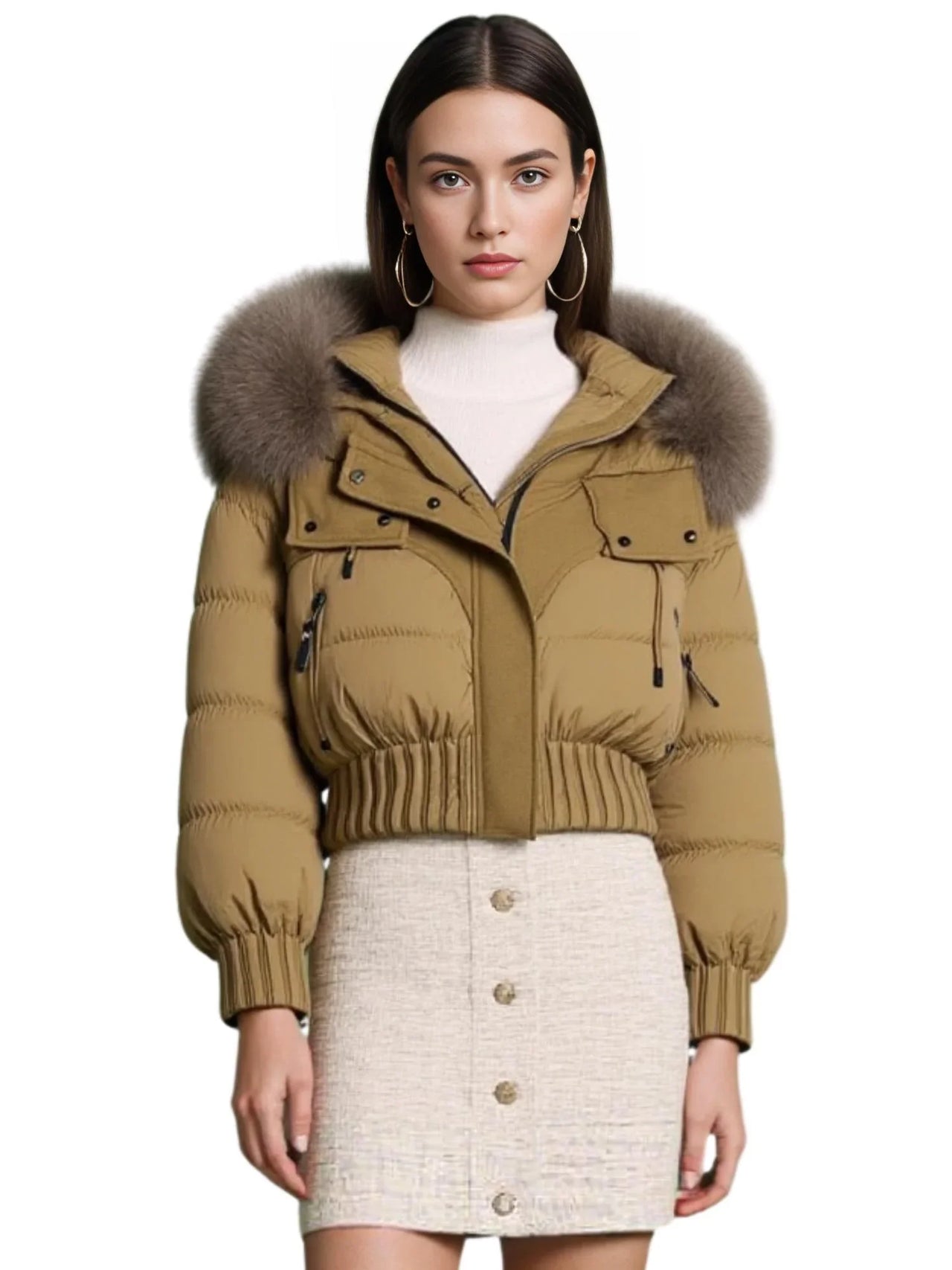 Woman wearing a brown puffer jacket with fur hood on a white background