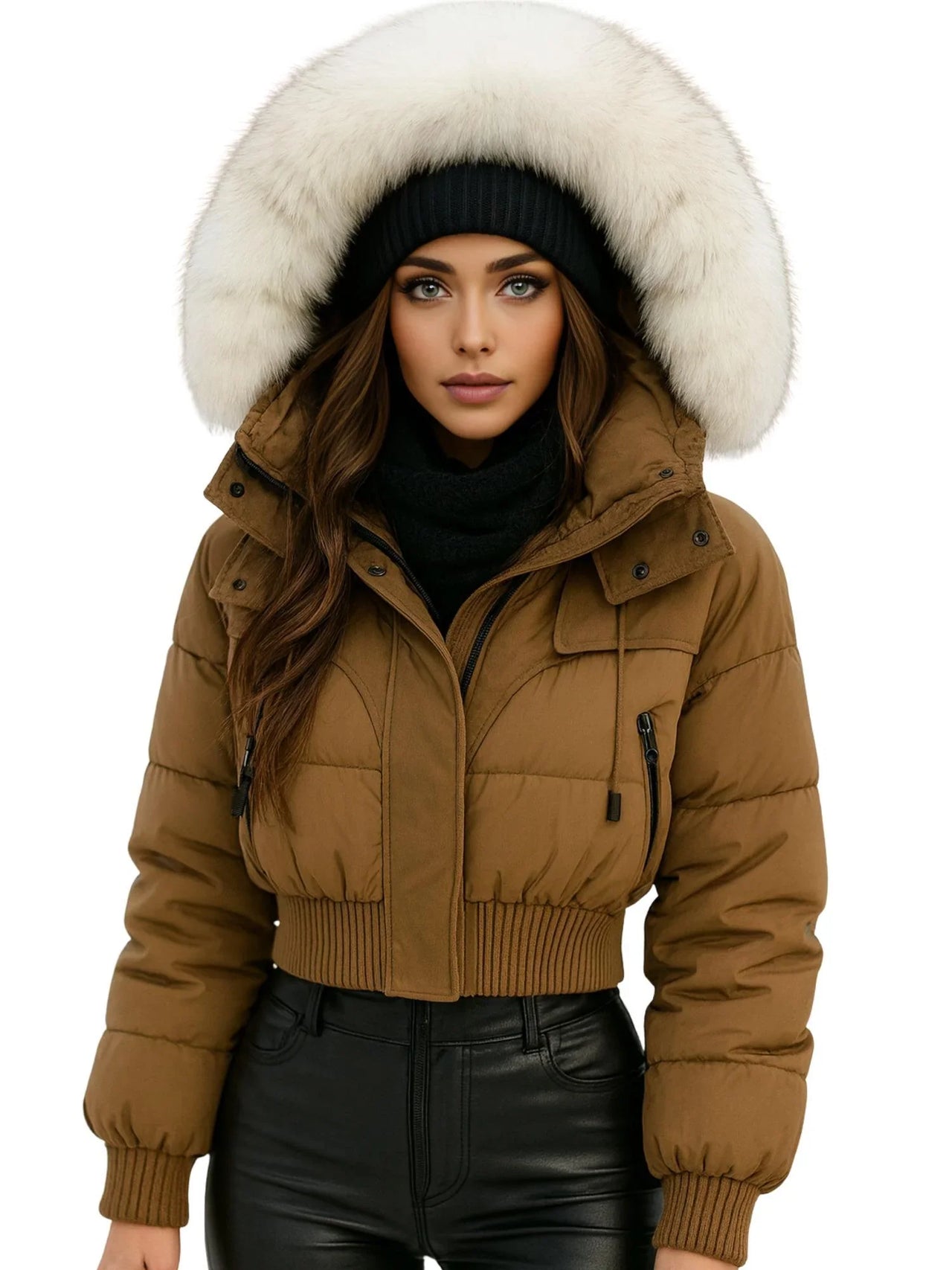 Woman wearing a brown winter jacket with a large fur hood on a white background