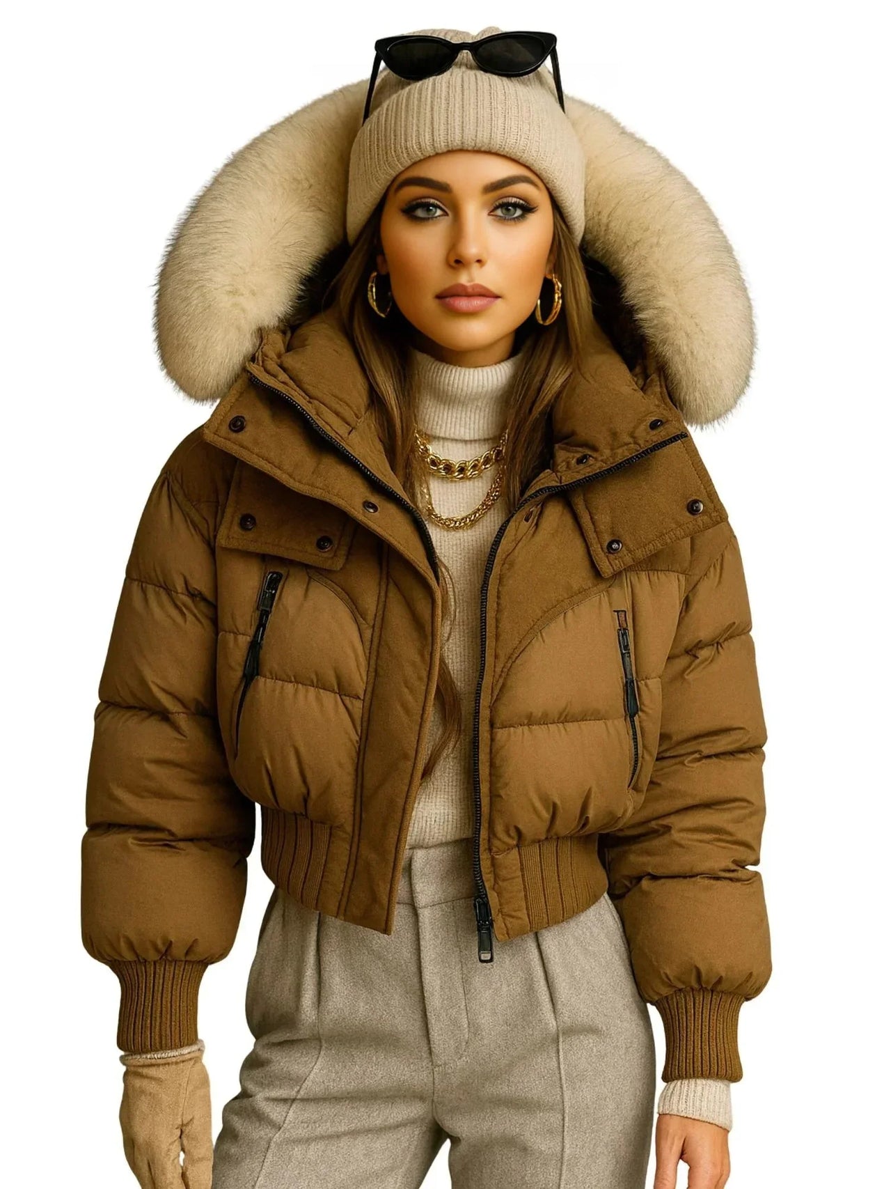 Person wearing a brown puffer jacket with fur hood on a white background