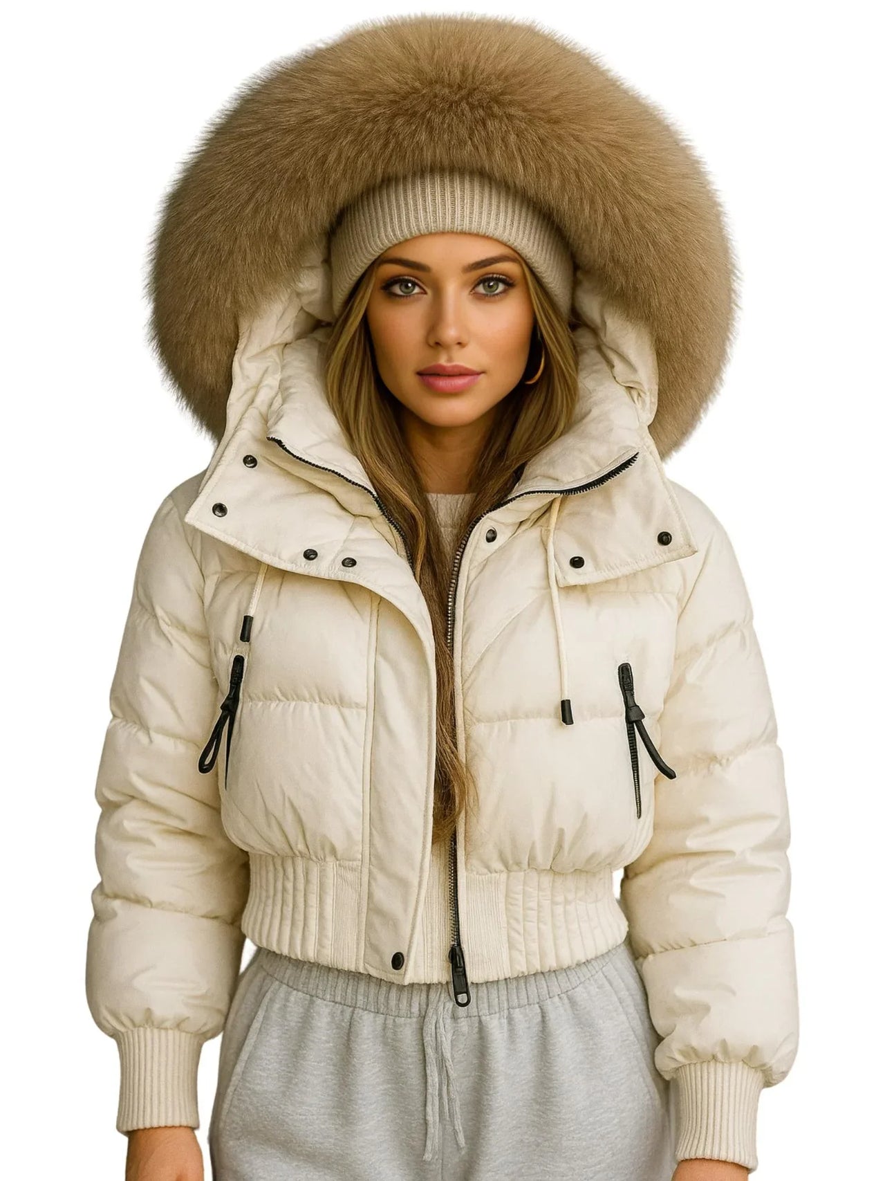 Women's Short Fur Collar Jacket Hooded White Duck Down Coat, Drestiny, Coats, Jackets, S, M, United States, USA, Canada, Australia, New Zealand, United Kingdom, UK, Beige, white, brown, Black, pink, grey, Cropped fur trim jacket, shopdrestiny.com