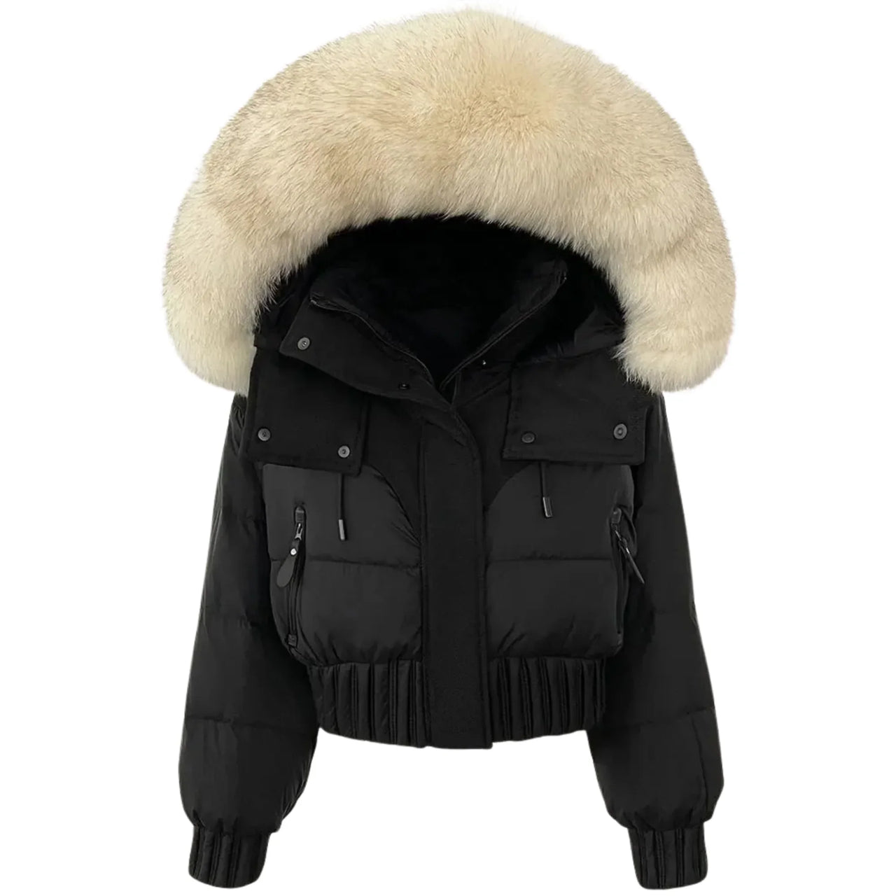 Black puffer jacket with a large fur hood on a white background