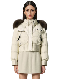 Thumbnail for Women's Short Fur Collar Jacket Hooded White Duck Down Coat, Drestiny, Coats, Jackets, S, M, United States, USA, Canada, Australia, New Zealand, United Kingdom, UK, Beige, white, brown, Black, pink, grey, Cropped fur trim jacket, shopdrestiny.com