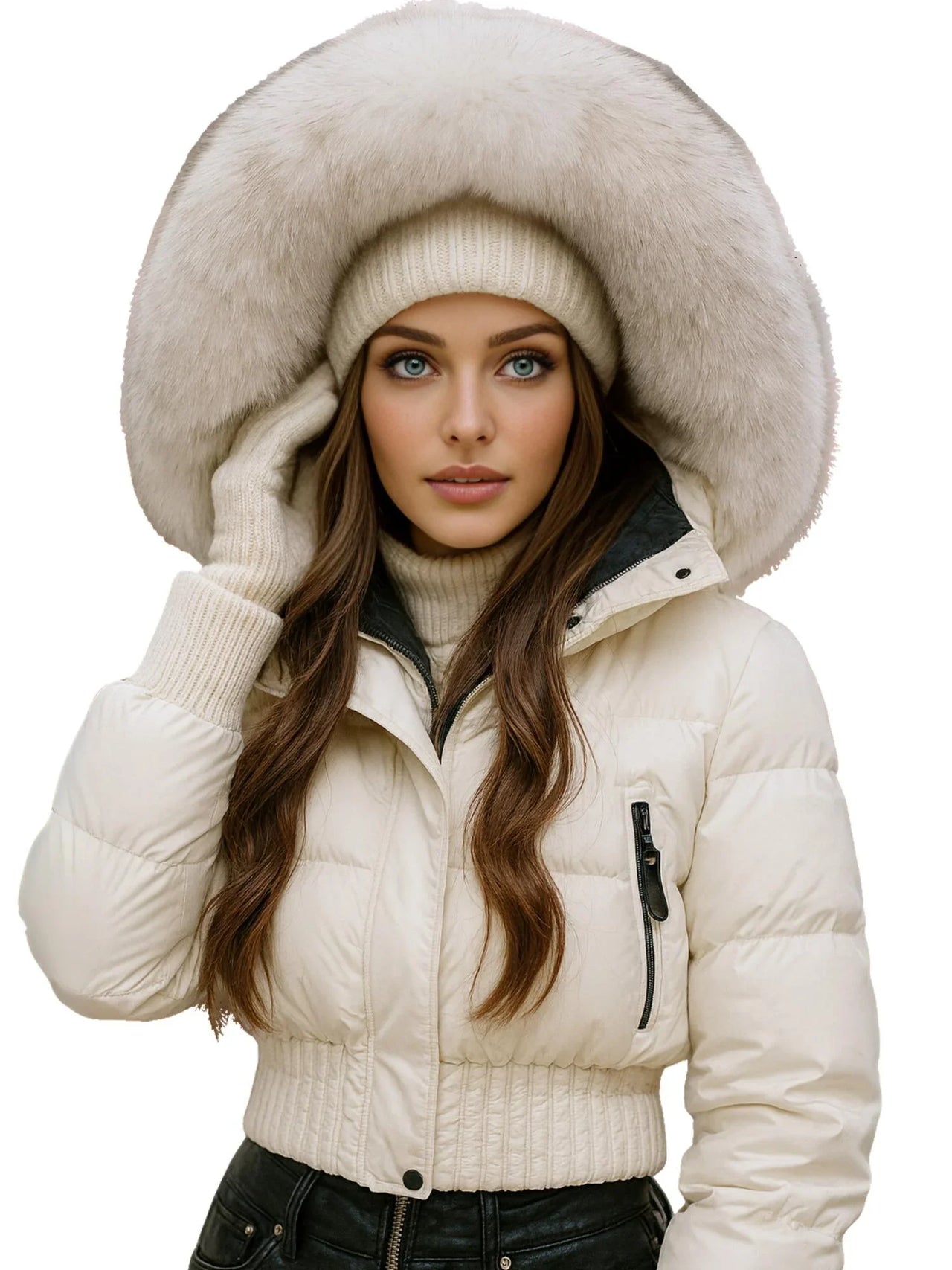 woman wearing a White puffer jacket with a large fur hood on a white background