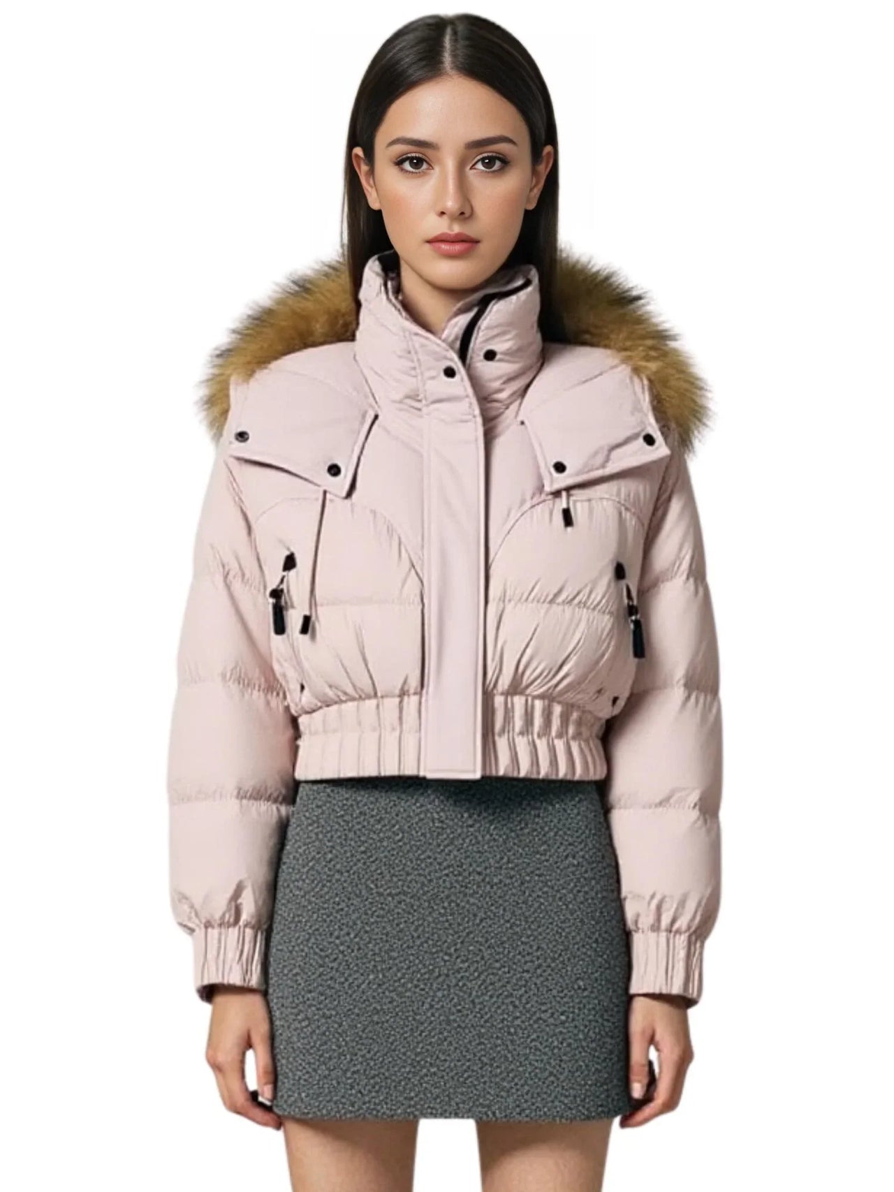 Woman wearing a pink winter jacket with a large fur hood on a white background