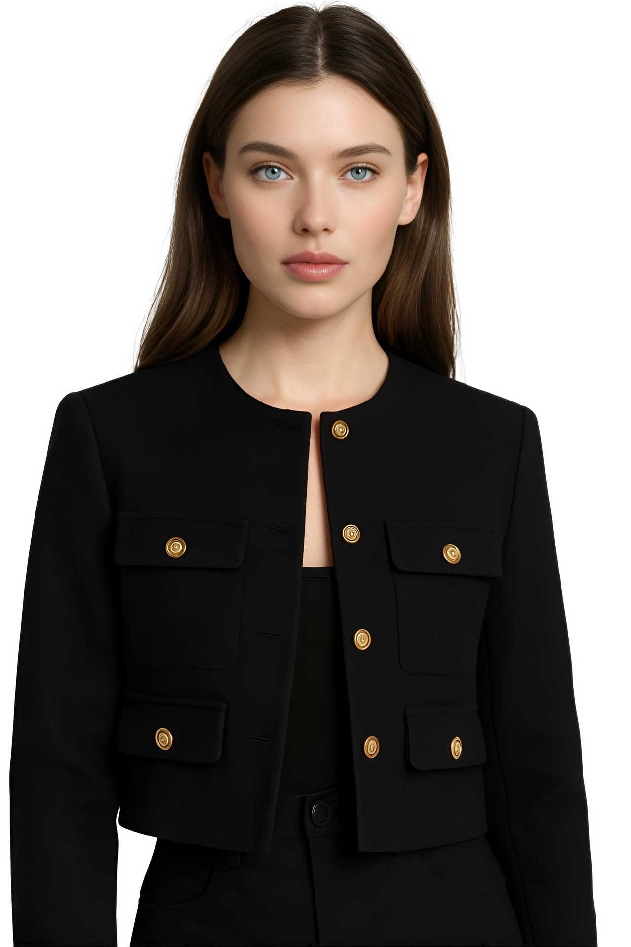 Black jacket with gold buttons worn by a model on a white background