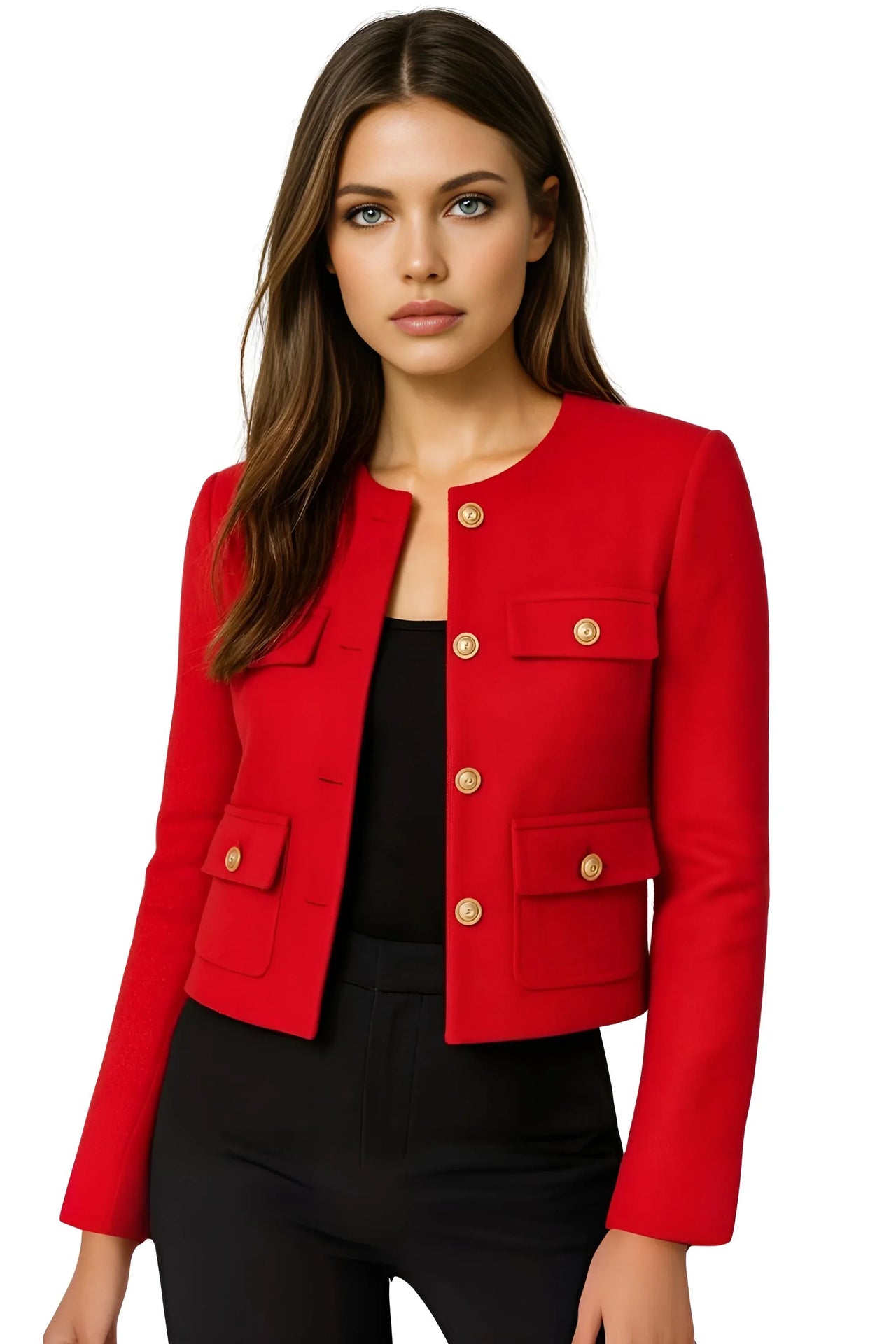 Red jacket with gold buttons worn by a model on a white background