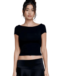 Thumbnail for Women's Short Sleeve Scoop Back Crop Top Streetwear Casual Clothing, Drestiny, Crop Tops, Short Sleeves, Casual Shirts, T-Shirts, Black, S, M, L, United States, US, Canada, Australia, New Zealand, United Kingdom, UK, scoop back crop top, open back crop top, backless crop top, low back crop top, scoop back tank top, open back top, backless top, scoop back vest top, low scoop back top, shopdrestiny.com