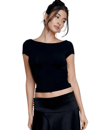 Thumbnail for Women's Short Sleeve Scoop Back Crop Top Streetwear Casual Clothing, Drestiny, Crop Tops, Short Sleeves, Casual Shirts, T-Shirts, Black, S, M, L, United States, US, Canada, Australia, New Zealand, United Kingdom, UK, scoop back crop top, open back crop top, backless crop top, low back crop top, scoop back tank top, open back top, backless top, scoop back vest top, low scoop back top, shopdrestiny.com