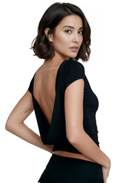 Thumbnail for Woman wearing a black crop top with an open back on a white background