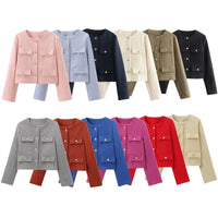 Thumbnail for Women's Short Suit Jacket High Fashion Women's Jackets, Jackets, Blazers, XS, S, M, L, United States, USA, Canada, Australia, New Zealand, United Kingdom, UK, Black, Dark Khaki, White, Orange Red, Grey, Champagne, Deep Pink, Blue, Pink, Navy, Red, Light Blue, women's short blazer, cropped blazer, cropped suit jacket, short tailored jacket, women's cropped jacket, shopdrestiny.com